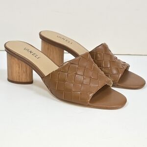 VANELi Brown Woven Leather Slide Sandals Wood Block Heel Mules 8.5 Open Toe